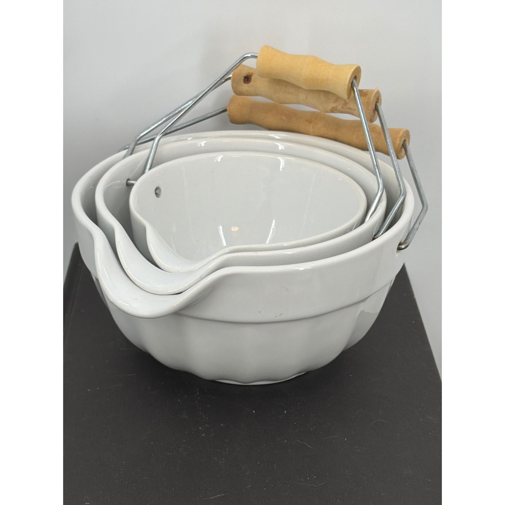 White Ceramic Nesting Batter Bowl Set 3pc Fluted Farmhouse Wood Handle Spout